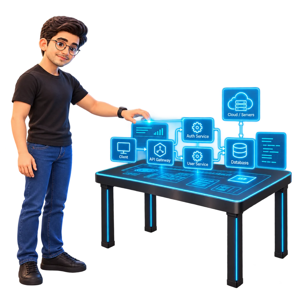 Kasra designing software architecture at a holographic table, wearing a black T-shirt, dark blue jeans, and black shoes.