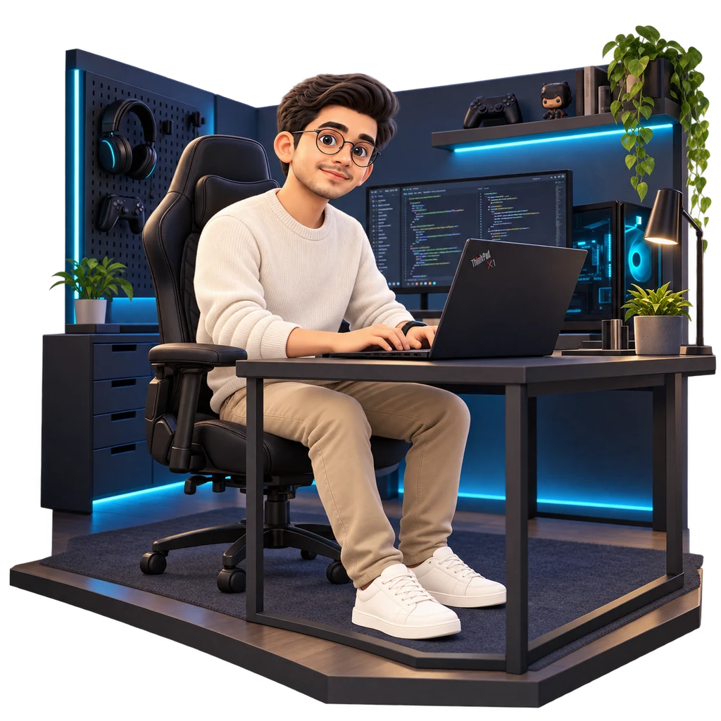 Kasra coding on a Lenovo ThinkPad X1 Carbon Gen 13 at a gaming-room desk, wearing an oatmeal sweater and sand chinos.